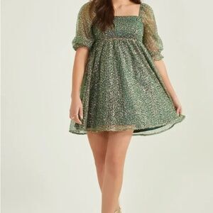 Altar'd State Green Glitter Babydoll Mini Dress Small